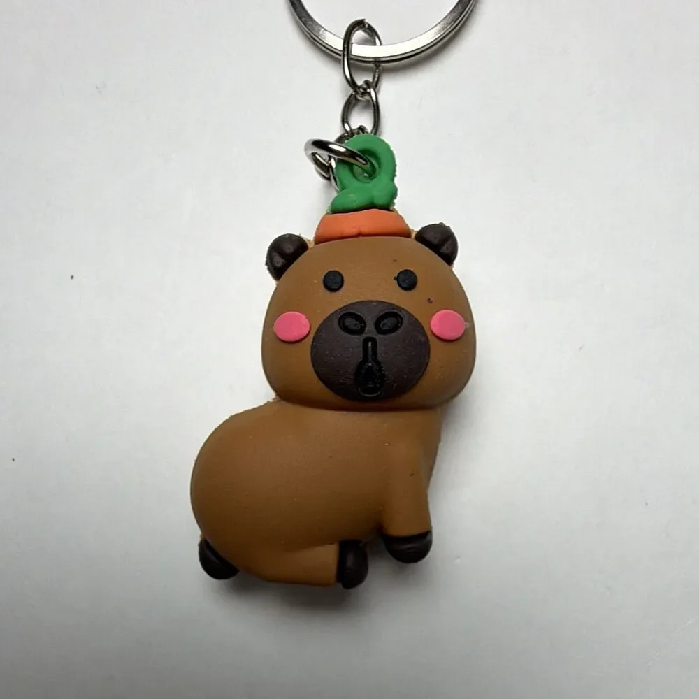 Brown Capybara Bear Animal Keychain Carrot Top Plastic Charm Keyring